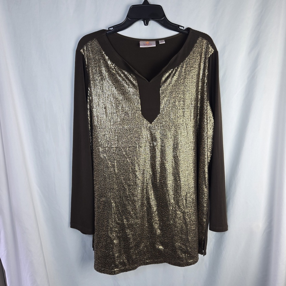Quacker Factory Sequin Jersey Tunic Womens 1X Brown Gold Sparkle Glam Neutral